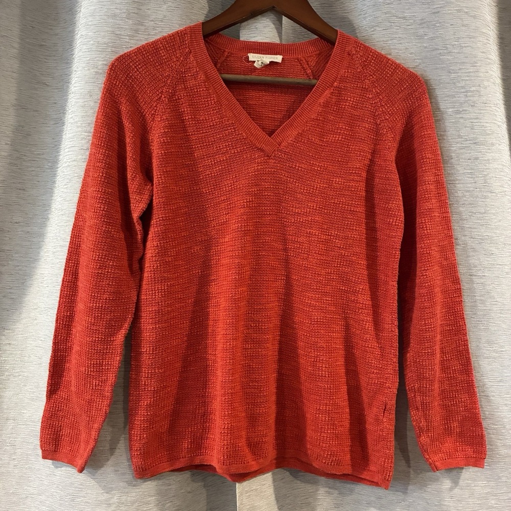 Eileen Fisher V Neck Light Sweater Organic Linen & Cotton Coral Sz Med Slub Knit